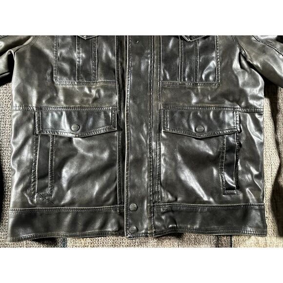 Levis Jacket Mens Medium Dark Brown Faux Leather Stowaway Hood - Picture 6 of 10